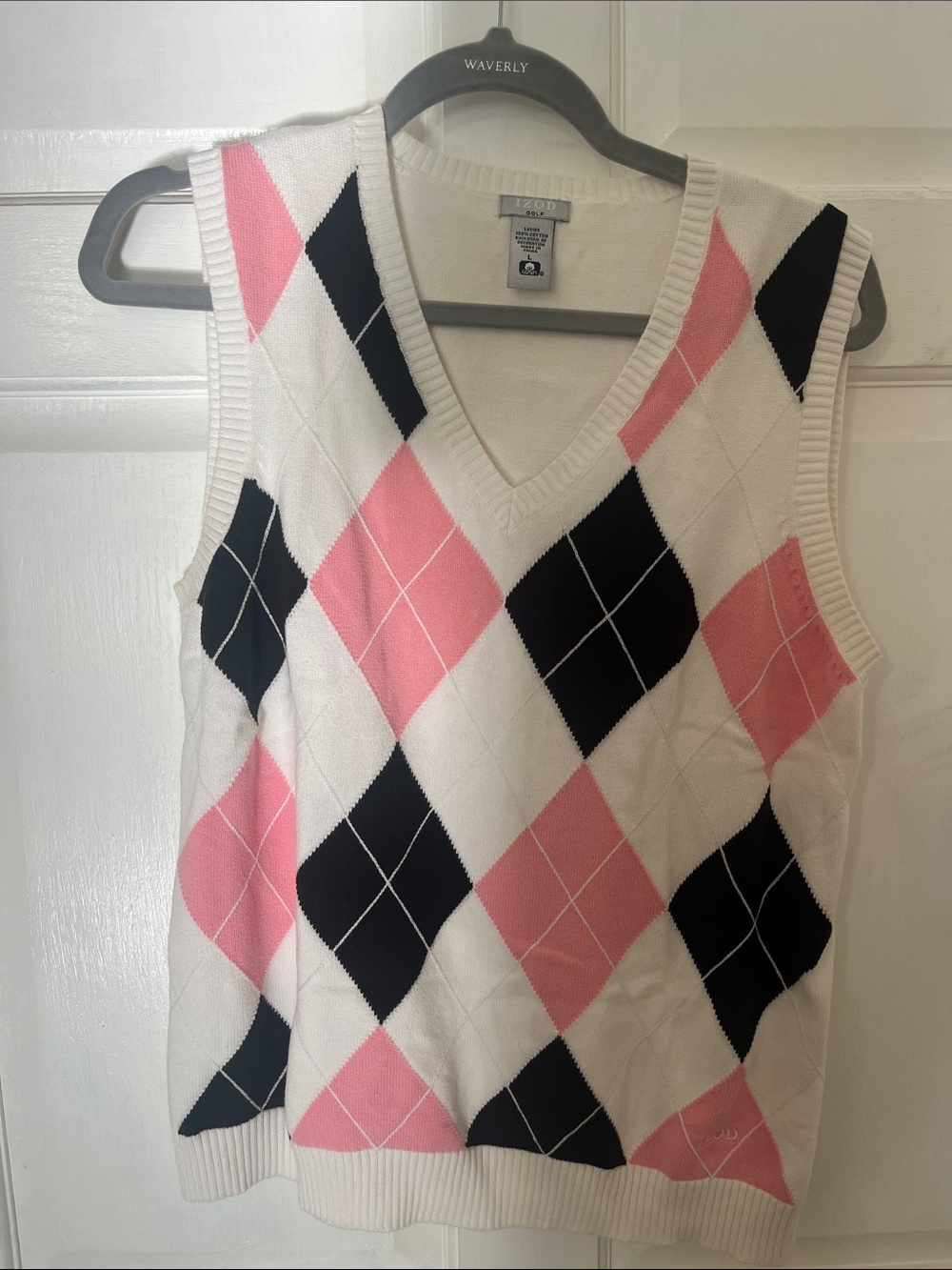 Izod Pink, Black & White Argyle V-Neck Sweater Vest
